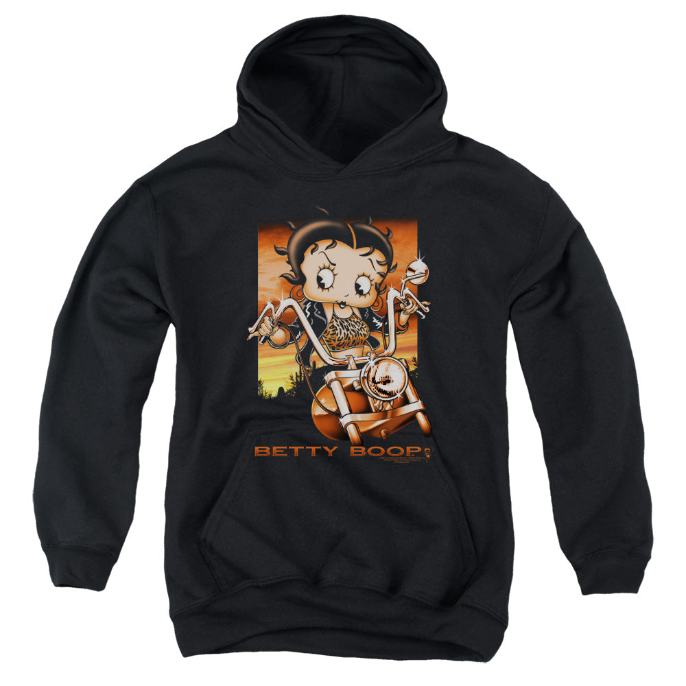 AN OFFCIALLY LICENSED BETTY BOOP SUNSET RIDER YOUTH HOODIE BLACK