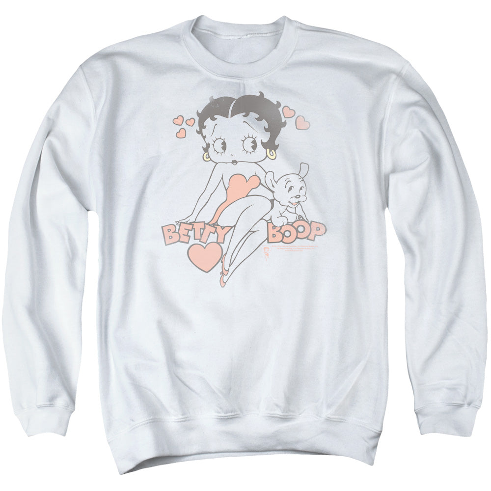 AN OFFCIALLY LICENSED BETTY BOOP CLASSIC WITH PUP ADULT UNISEX CREWNECK SWEATSHIRT WHITE