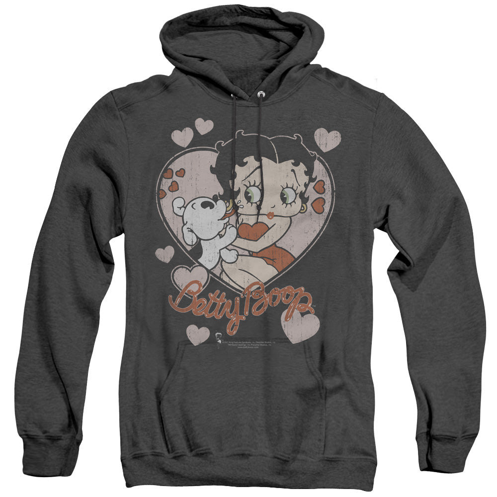 AN OFFCIALLY LICENSED BETTY BOOP CLASSIC KISS ADULT UNISEX HEATHER PULLOVER HOODIE BLACK