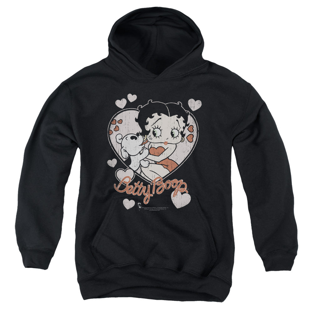 AN OFFCIALLY LICENSED BETTY BOOP CLASSIC KISS YOUTH HOODIE BLACK