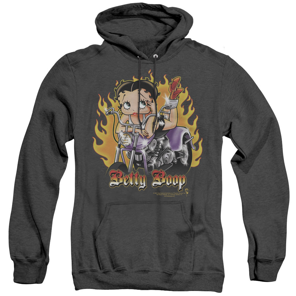 AN OFFCIALLY LICENSED BETTY BOOP BIKER FLAMES BOOP ADULT UNISEX HEATHER PULLOVER HOODIE BLACK