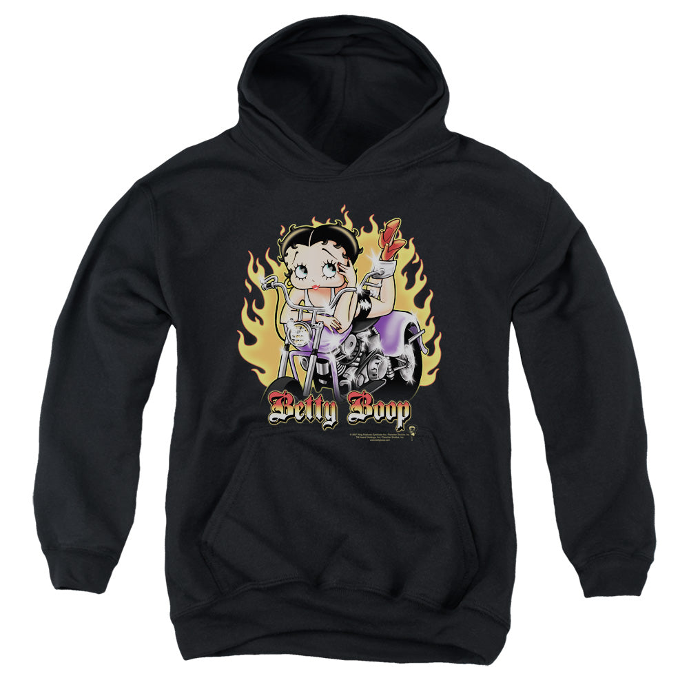 AN OFFCIALLY LICENSED BETTY BOOP BIKER FLAMES BOOP YOUTH HOODIE BLACK