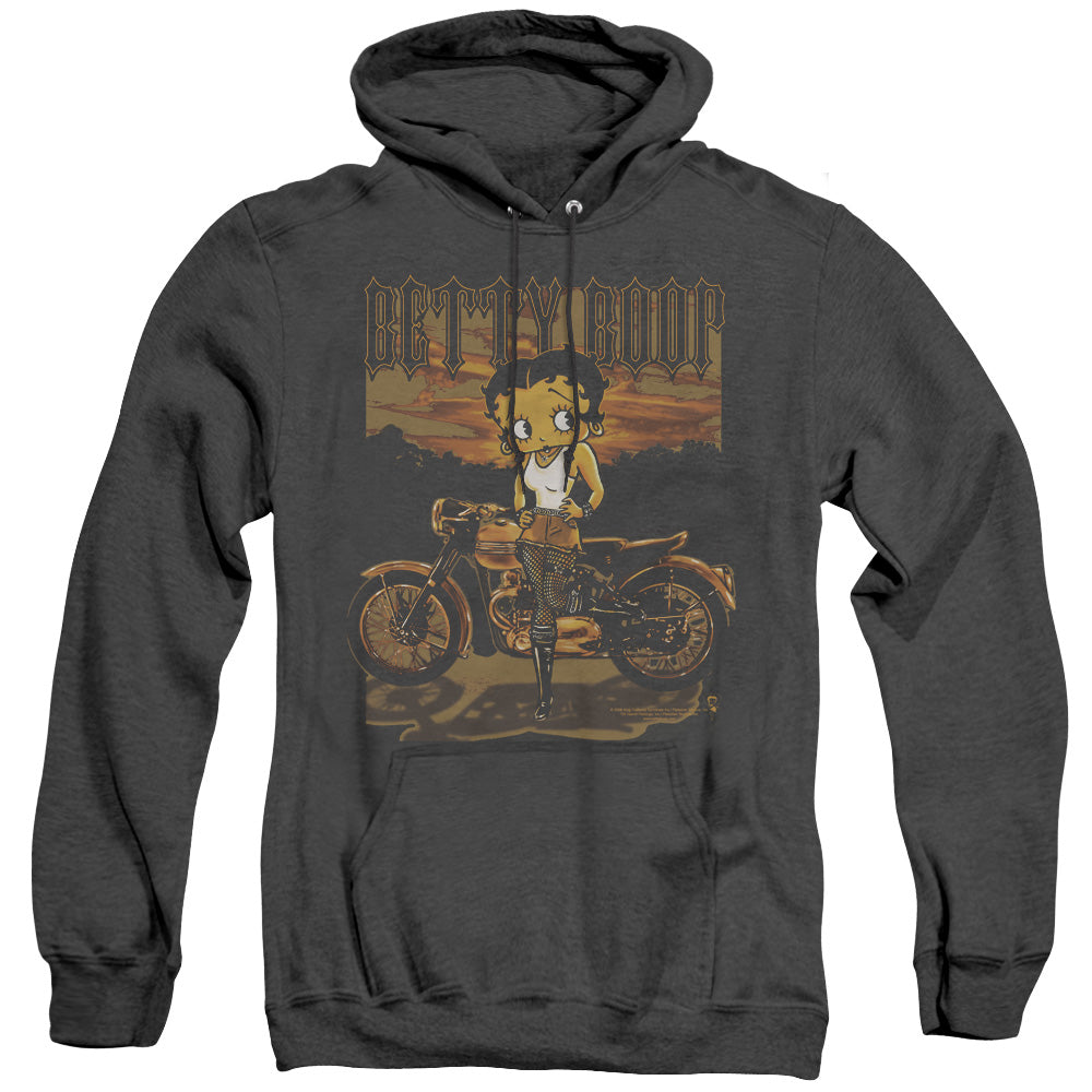 AN OFFCIALLY LICENSED BETTY BOOP REBEL RIDER ADULT UNISEX HEATHER PULLOVER HOODIE BLACK