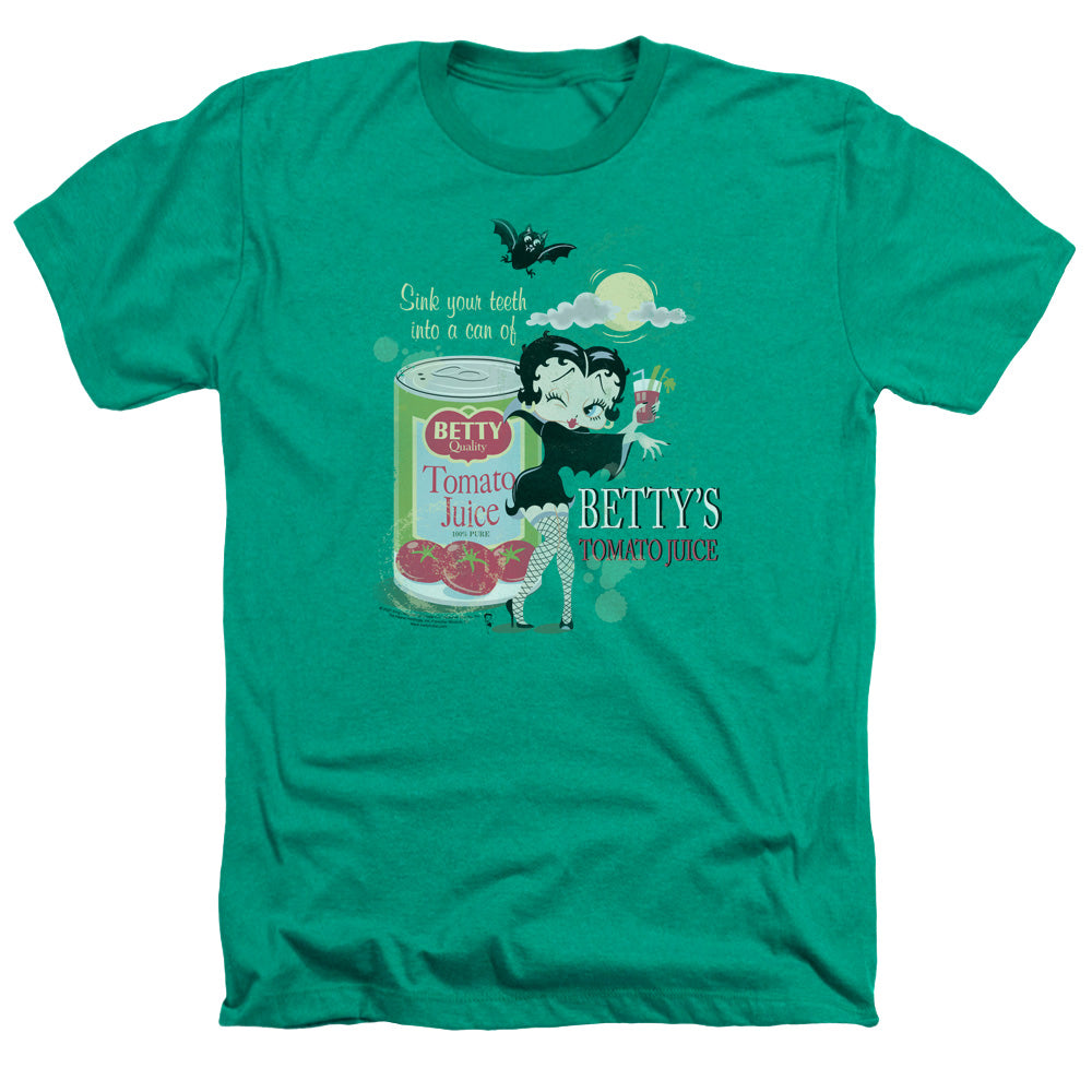 AN OFFCIALLY LICENSED BETTY BOOP VAMPIRE TOMATO JUICE MEN'S HEATHER T-SHIRT KELLY GREEN
