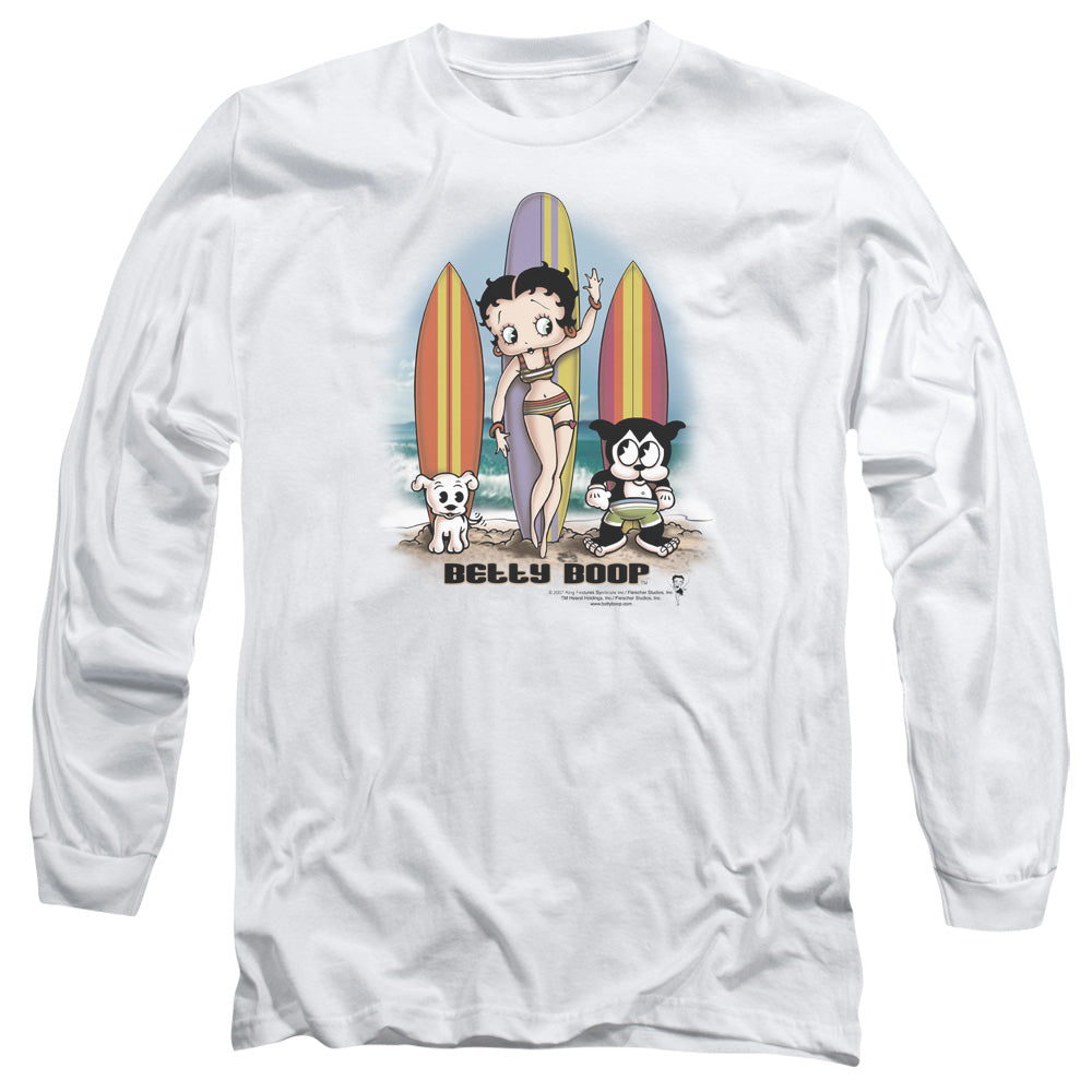 AN OFFCIALLY LICENSED BETTY BOOP SURFERS MEN'S LONG SLEEVE T-SHIRT WHITE