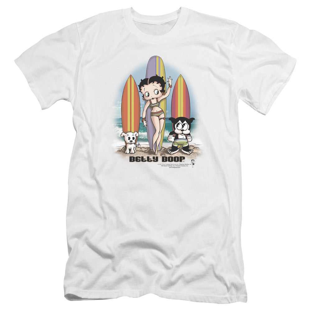AN OFFCIALLY LICENSED BETTY BOOP SURFERS MEN'S PREMIUM SLIM FIT T-SHIRT WHITE