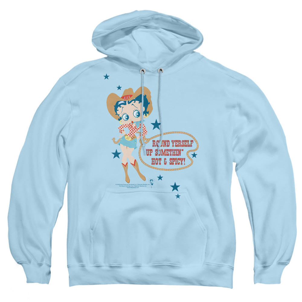 AN OFFCIALLY LICENSED BETTY BOOP HOT AND SPICY COWGIRL ADULT UNISEX PULLOVER HOODIE LIGHT BLUE