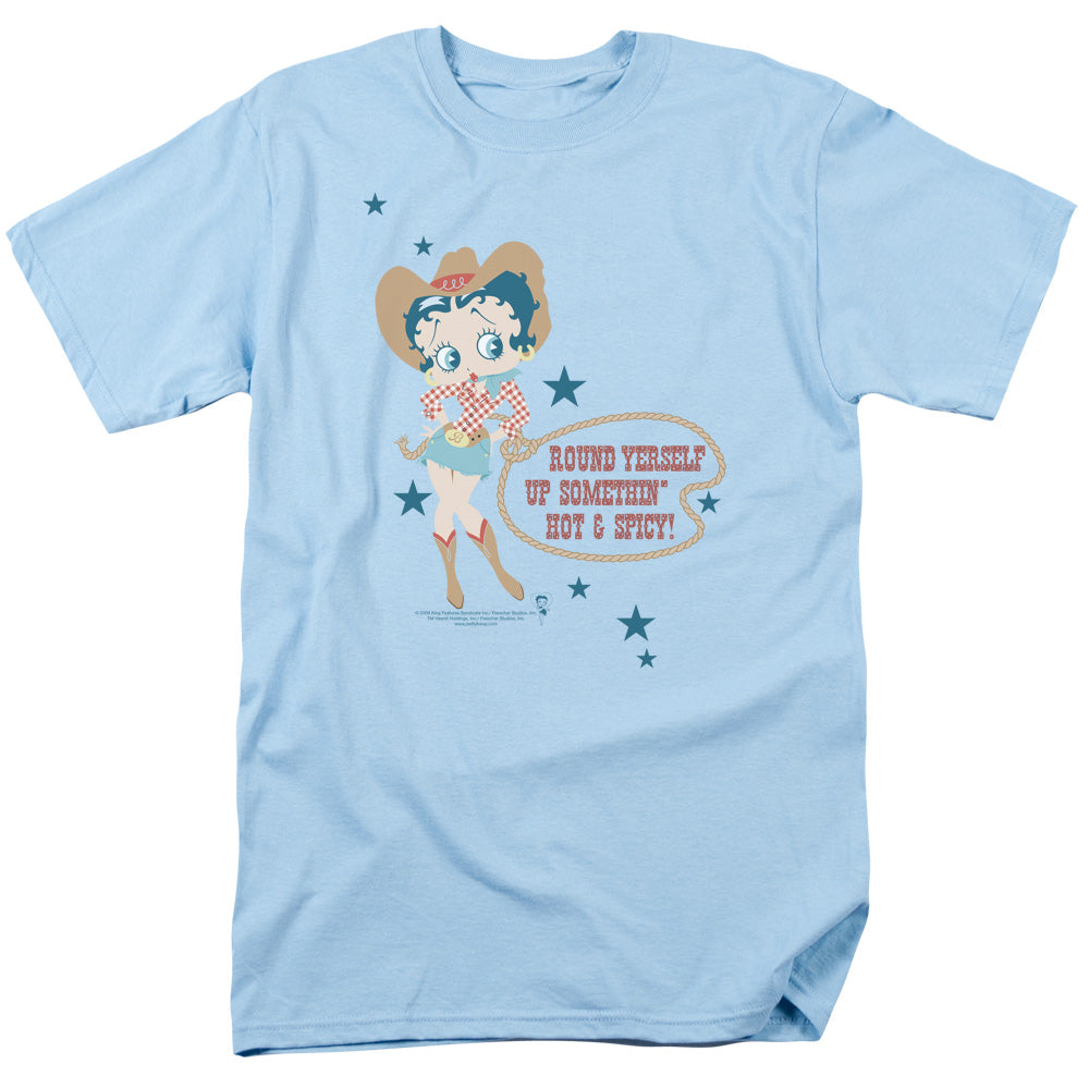 AN OFFCIALLY LICENSED BETTY BOOP HOT AND SPICY COWGIRL MEN'S REGULAR FIT T-SHIRT LIGHT BLUE