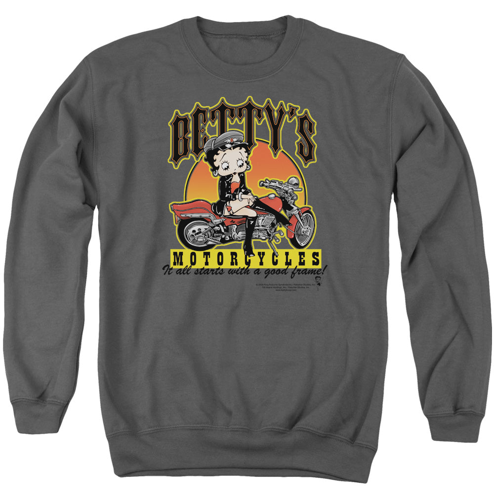 AN OFFCIALLY LICENSED BETTY BOOP BETTYS MOTORCYCLES ADULT UNISEX CREWNECK SWEATSHIRT CHARCOAL