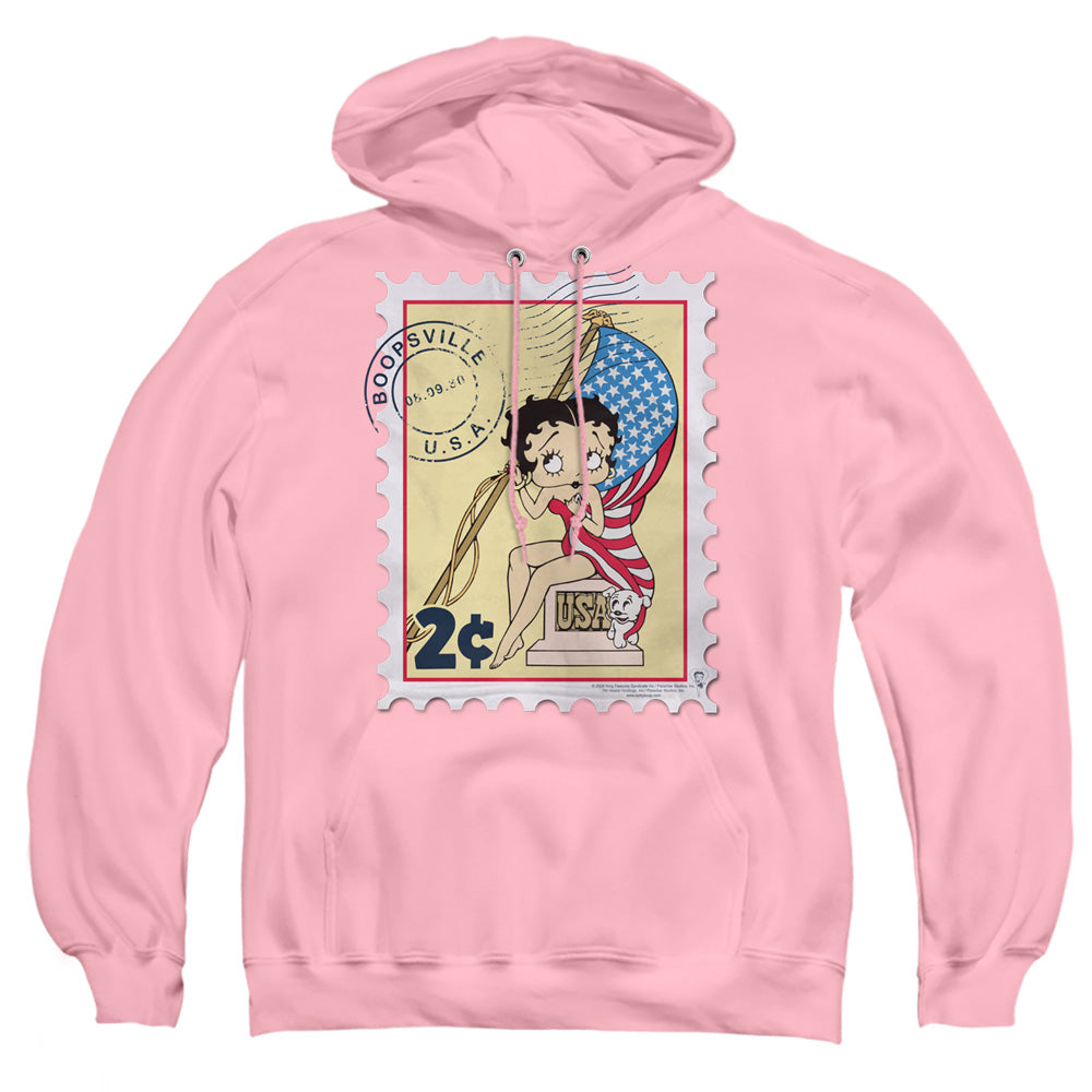 AN OFFCIALLY LICENSED BETTY BOOP VINTAGE STAMP ADULT UNISEX PULLOVER HOODIE PINK