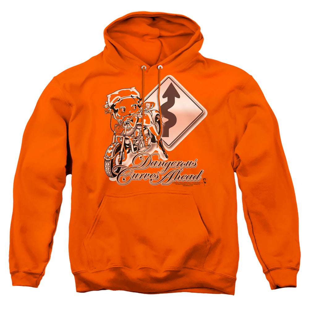 AN OFFCIALLY LICENSED BETTY BOOP DANGEROUS CURVES ADULT UNISEX PULLOVER HOODIE ORANGE