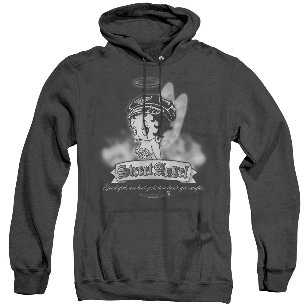 AN OFFCIALLY LICENSED BETTY BOOP STREET ANGEL ADULT UNISEX HEATHER PULLOVER HOODIE BLACK