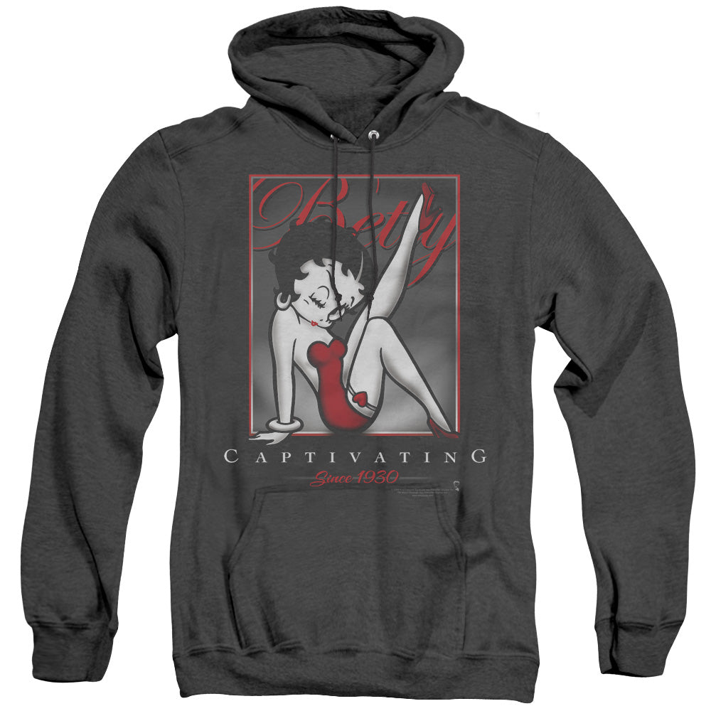 AN OFFCIALLY LICENSED BETTY BOOP CAPTIVATING ADULT UNISEX HEATHER PULLOVER HOODIE BLACK
