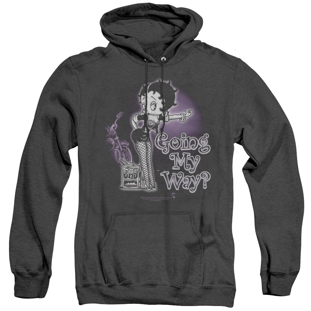 AN OFFCIALLY LICENSED BETTY BOOP MY WAY ADULT UNISEX HEATHER PULLOVER HOODIE BLACK