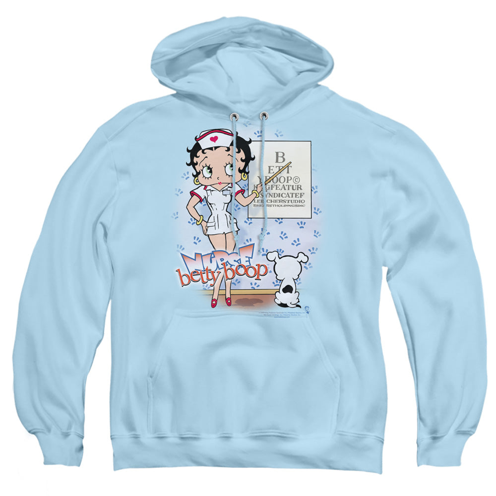 AN OFFCIALLY LICENSED BETTY BOOP EYECHART ADULT UNISEX PULLOVER HOODIE LIGHT BLUE