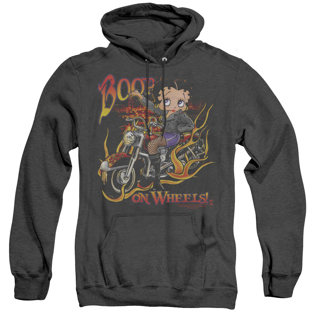 AN OFFCIALLY LICENSED BETTY BOOP ON WHEELS ADULT UNISEX HEATHER PULLOVER HOODIE BLACK