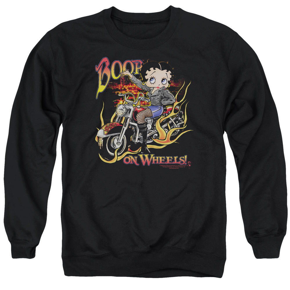 AN OFFCIALLY LICENSED BETTY BOOP ON WHEELS ADULT UNISEX CREWNECK SWEATSHIRT BLACK