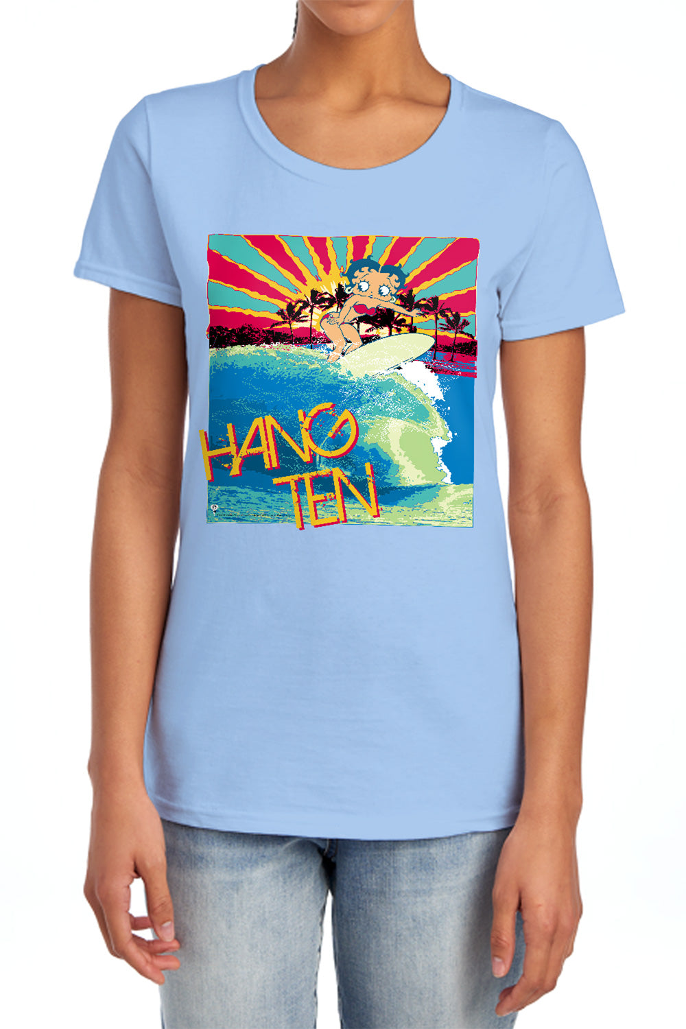AN OFFCIALLY LICENSED BETTY BOOP HANG TEN WOMEN'S REGULAR FIT T-SHIRT LIGHT BLUE
