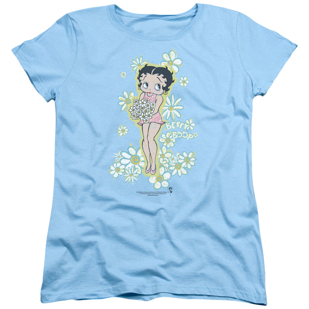 AN OFFCIALLY LICENSED BETTY BOOP FLOWERS WOMEN'S REGULAR FIT T-SHIRT LIGHT BLUE