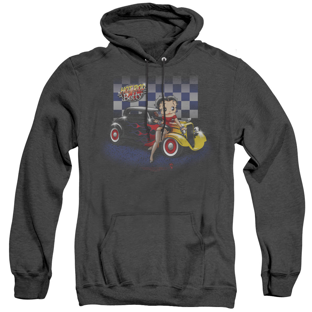AN OFFCIALLY LICENSED BETTY BOOP HOT ROD BOOP ADULT UNISEX HEATHER PULLOVER HOODIE BLACK