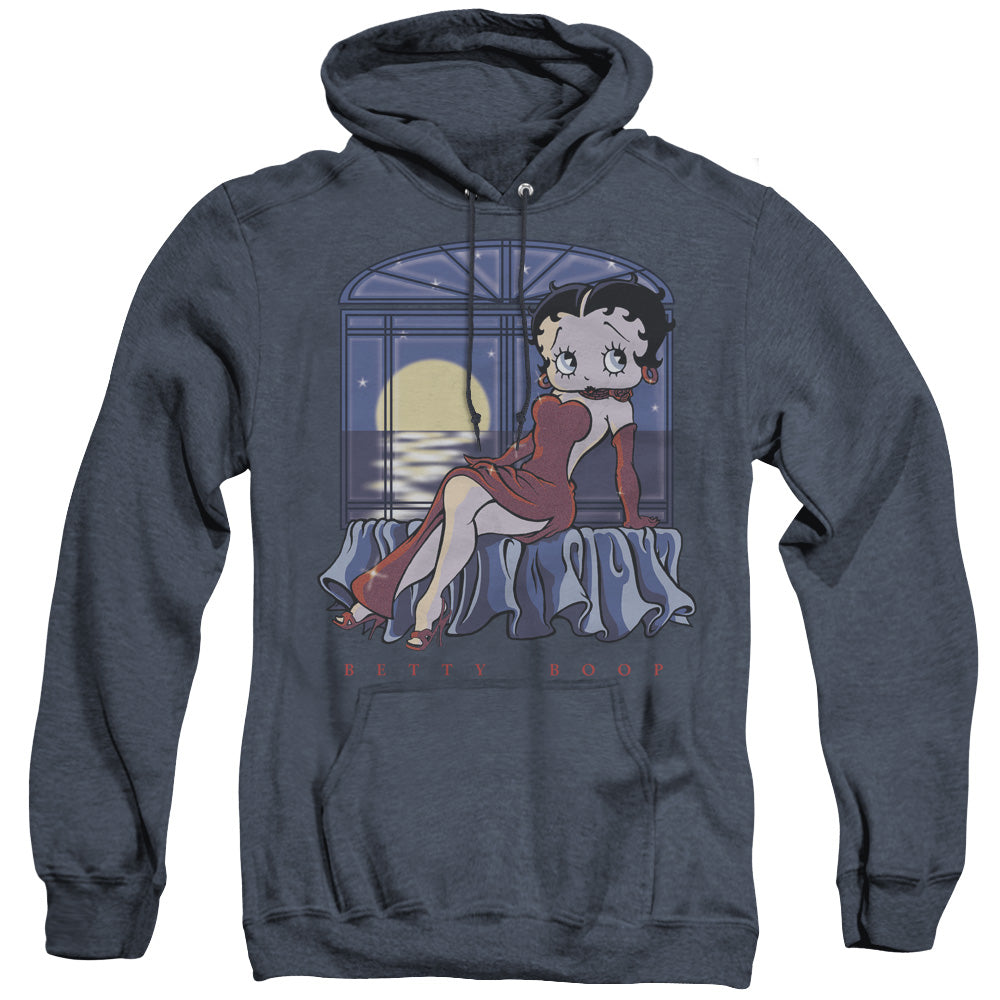 AN OFFCIALLY LICENSED BETTY BOOP MOONLIGHT ADULT UNISEX HEATHER PULLOVER HOODIE NAVY