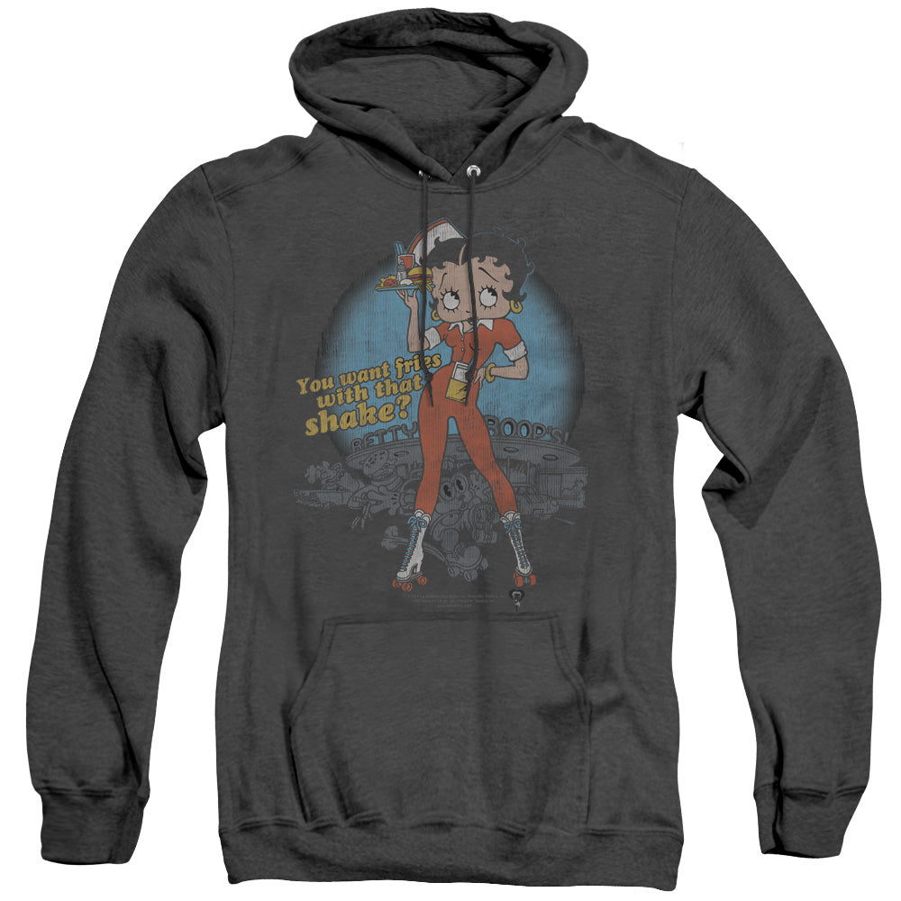 AN OFFCIALLY LICENSED BETTY BOOP FRIES WITH THAT ADULT UNISEX HEATHER PULLOVER HOODIE BLACK
