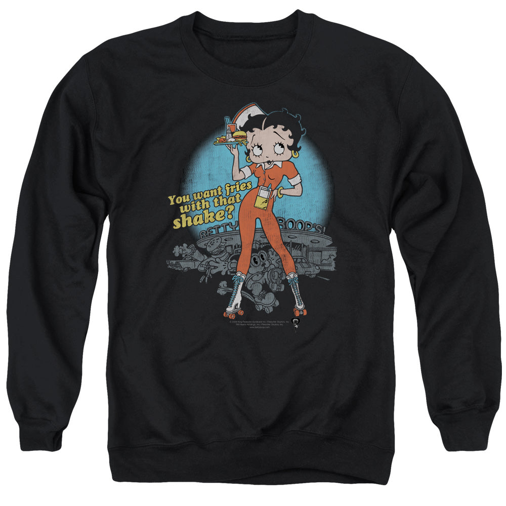 AN OFFCIALLY LICENSED BETTY BOOP FRIES WITH THAT ADULT UNISEX CREWNECK SWEATSHIRT BLACK