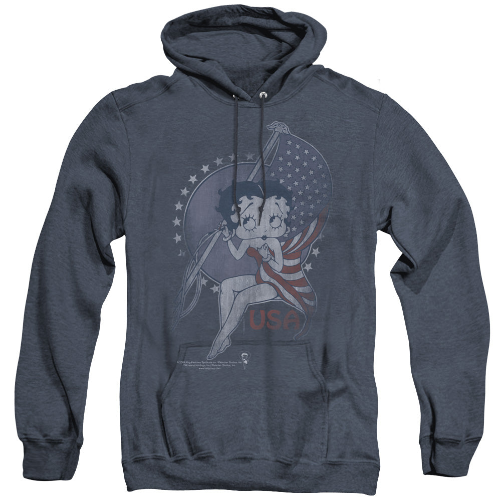 AN OFFCIALLY LICENSED BETTY BOOP PROUD BETTY ADULT UNISEX HEATHER PULLOVER HOODIE NAVY