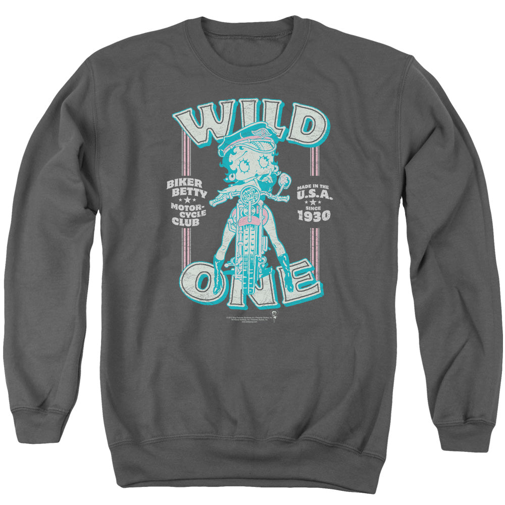 AN OFFCIALLY LICENSED BETTY BOOP WILD ONE ADULT UNISEX CREWNECK SWEATSHIRT CHARCOAL