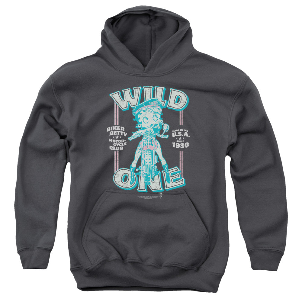 AN OFFCIALLY LICENSED BETTY BOOP WILD ONE YOUTH HOODIE CHARCOAL