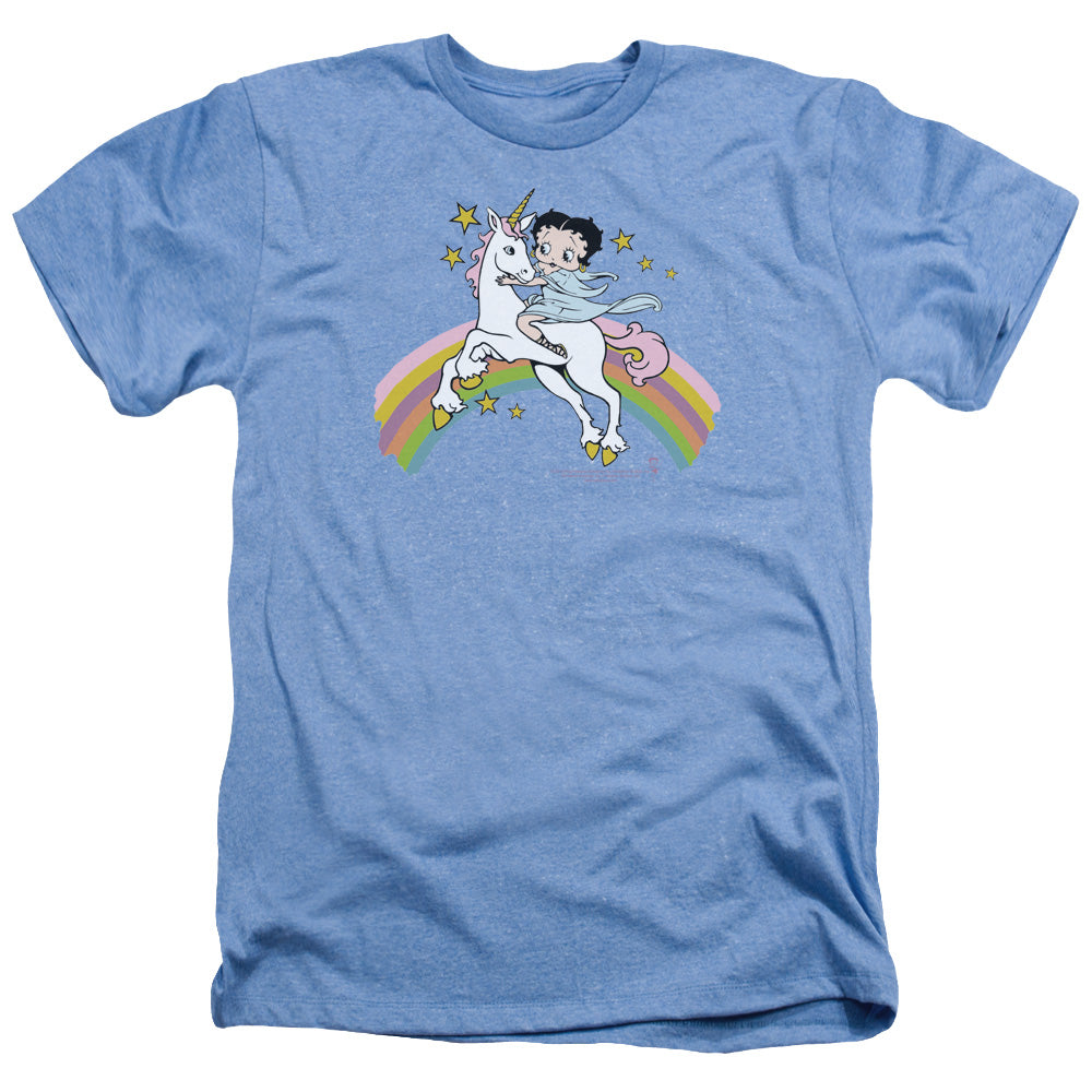 AN OFFCIALLY LICENSED BETTY BOOP UNICORN & RAINBOWS MEN'S HEATHER T-SHIRT LIGHT BLUE