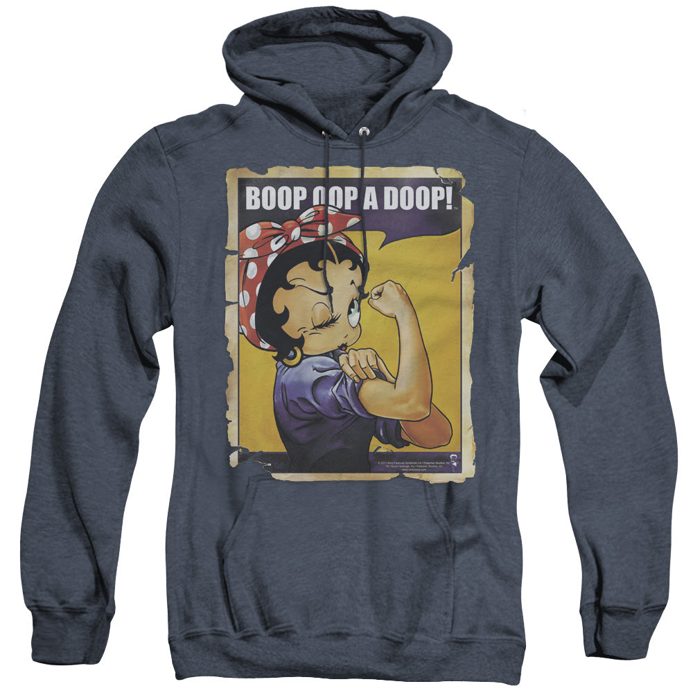 AN OFFCIALLY LICENSED BETTY BOOP POWER ADULT UNISEX HEATHER PULLOVER HOODIE NAVY