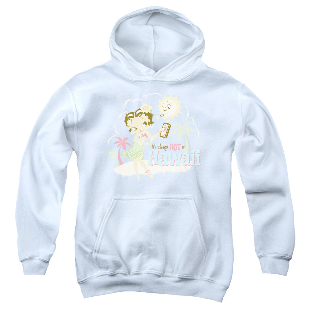 AN OFFCIALLY LICENSED BETTY BOOP HOT IN HAWAII YOUTH HOODIE WHITE