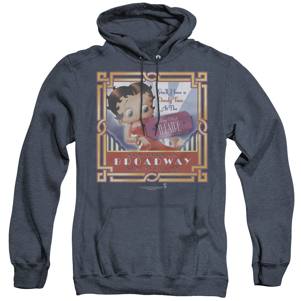 AN OFFCIALLY LICENSED BETTY BOOP ON BROADWAY ADULT UNISEX HEATHER PULLOVER HOODIE NAVY