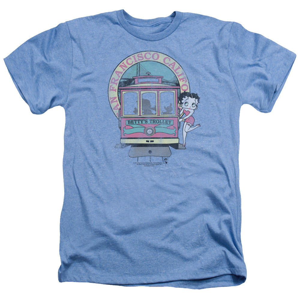 AN OFFCIALLY LICENSED BETTY BOOP BETTYS TROLLEY MEN'S HEATHER T-SHIRT LIGHT BLUE