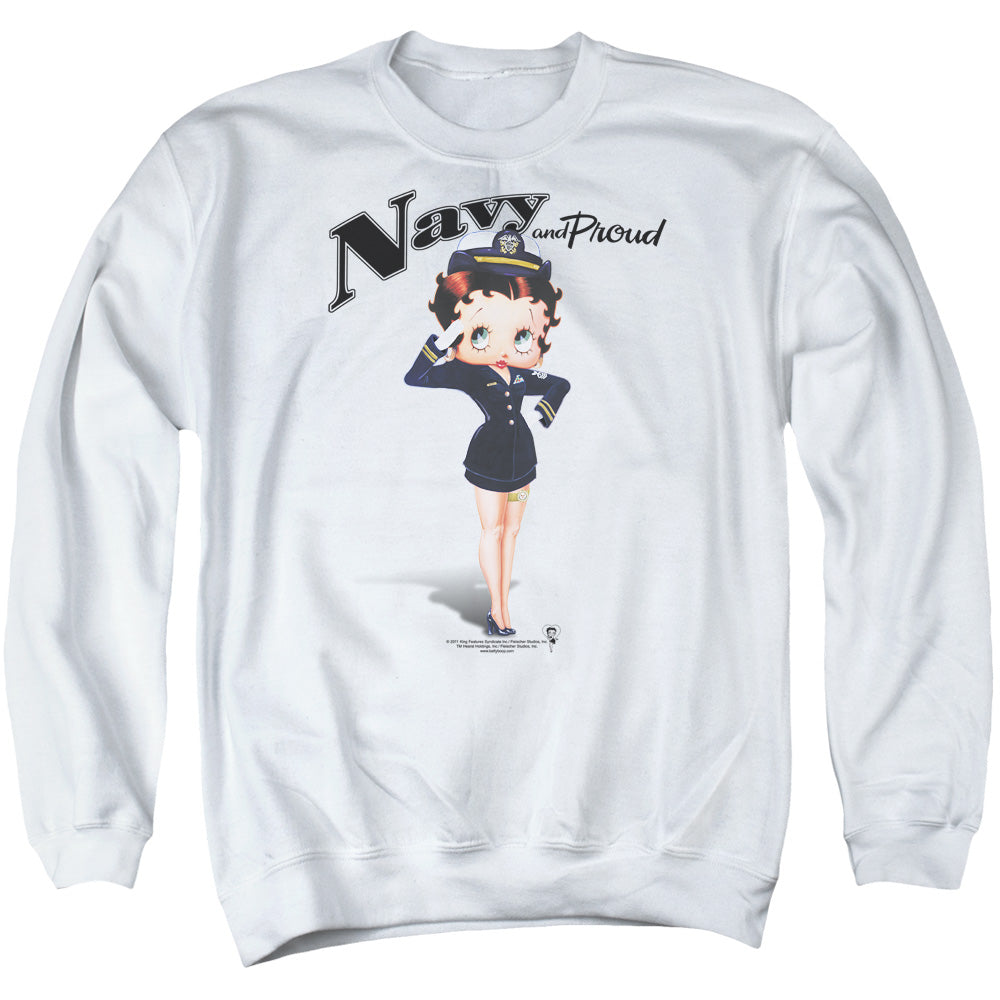AN OFFCIALLY LICENSED BETTY BOOP NAVY BOOP ADULT UNISEX CREWNECK SWEATSHIRT WHITE