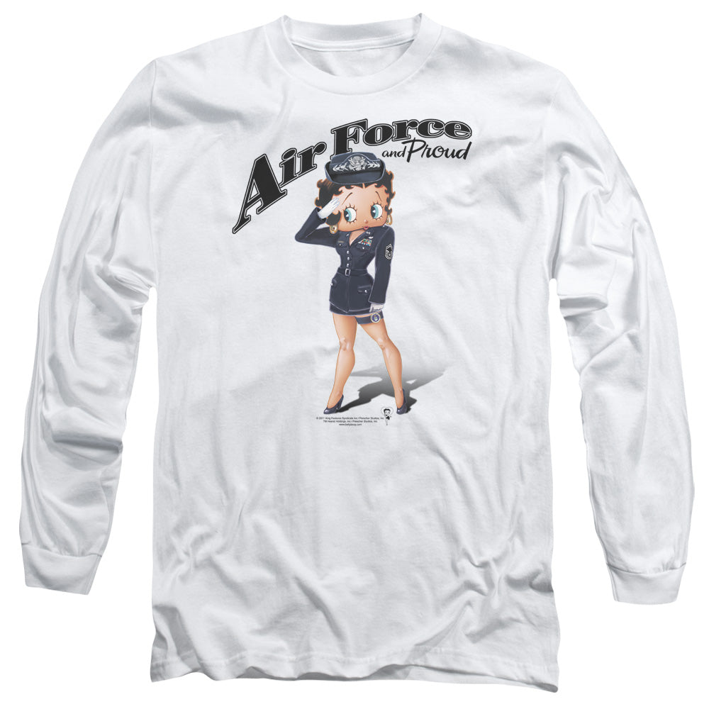 AN OFFCIALLY LICENSED BETTY BOOP AIR FORCE BOOP MEN'S LONG SLEEVE T-SHIRT WHITE
