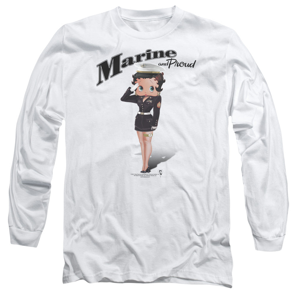 AN OFFCIALLY LICENSED BETTY BOOP MARINE BOOP MEN'S LONG SLEEVE T-SHIRT WHITE