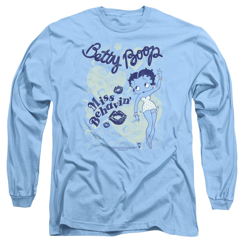 AN OFFCIALLY LICENSED BETTY BOOP MISS BEHAVIN MEN'S LONG SLEEVE T-SHIRT CAROLINA BLUE