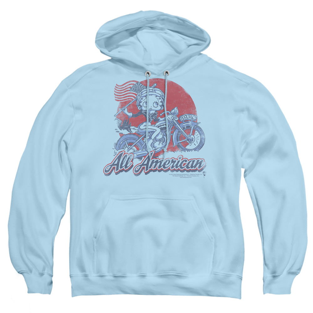 AN OFFCIALLY LICENSED BETTY BOOP ALL AMERICAN BIKER ADULT UNISEX PULLOVER HOODIE LIGHT BLUE