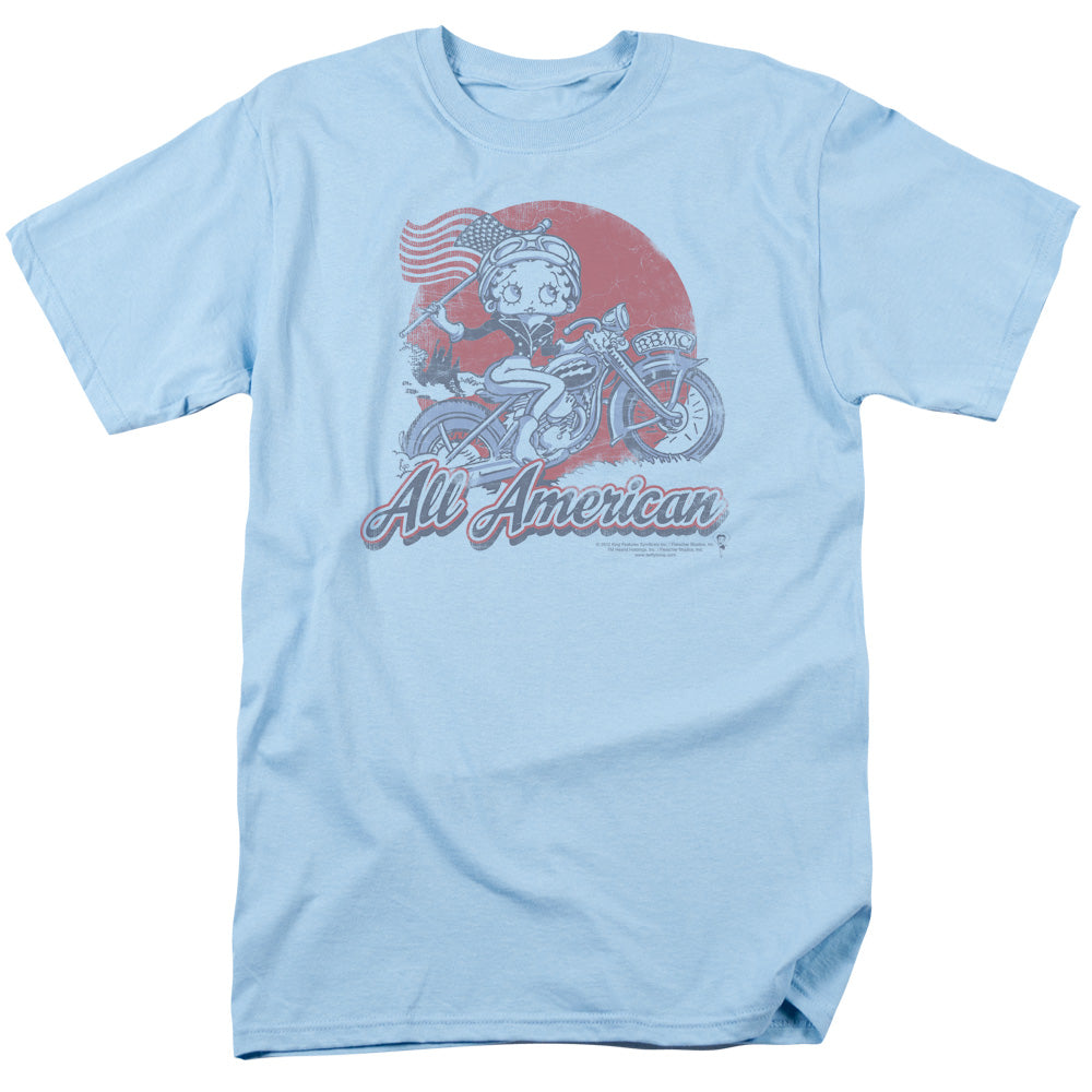 AN OFFCIALLY LICENSED BETTY BOOP ALL AMERICAN BIKER MEN'S REGULAR FIT T-SHIRT LIGHT BLUE