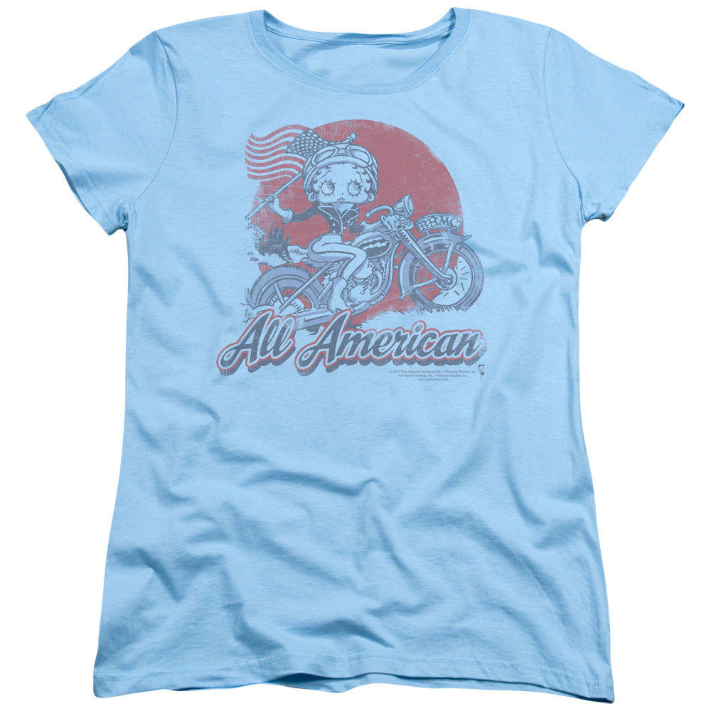 AN OFFCIALLY LICENSED BETTY BOOP ALL AMERICAN BIKER WOMEN'S REGULAR FIT T-SHIRT LIGHT BLUE