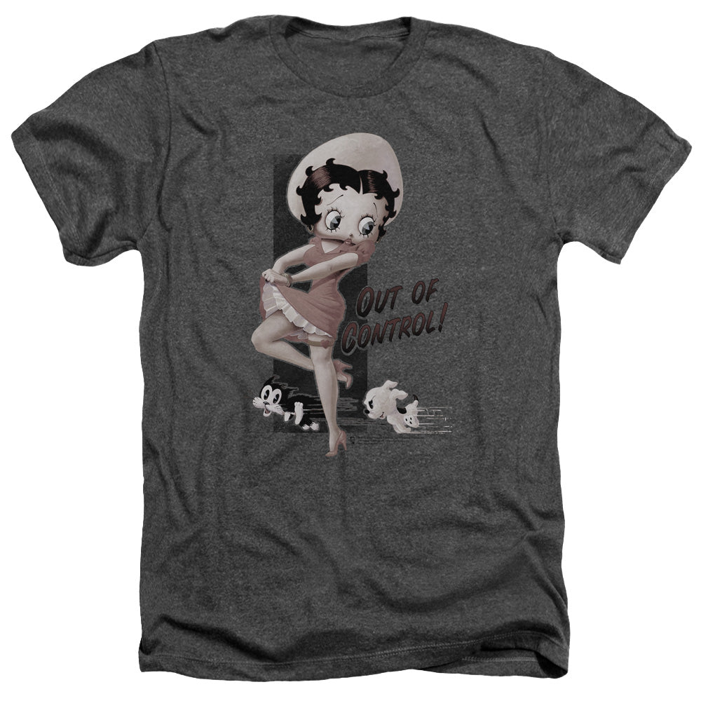 AN OFFCIALLY LICENSED BETTY BOOP OUT OF CONTROL MEN'S HEATHER T-SHIRT CHARCOAL