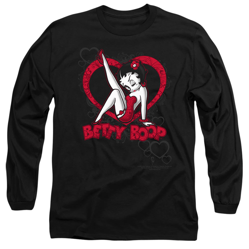 AN OFFCIALLY LICENSED BETTY BOOP SCROLLING HEARTS MEN'S LONG SLEEVE T-SHIRT BLACK