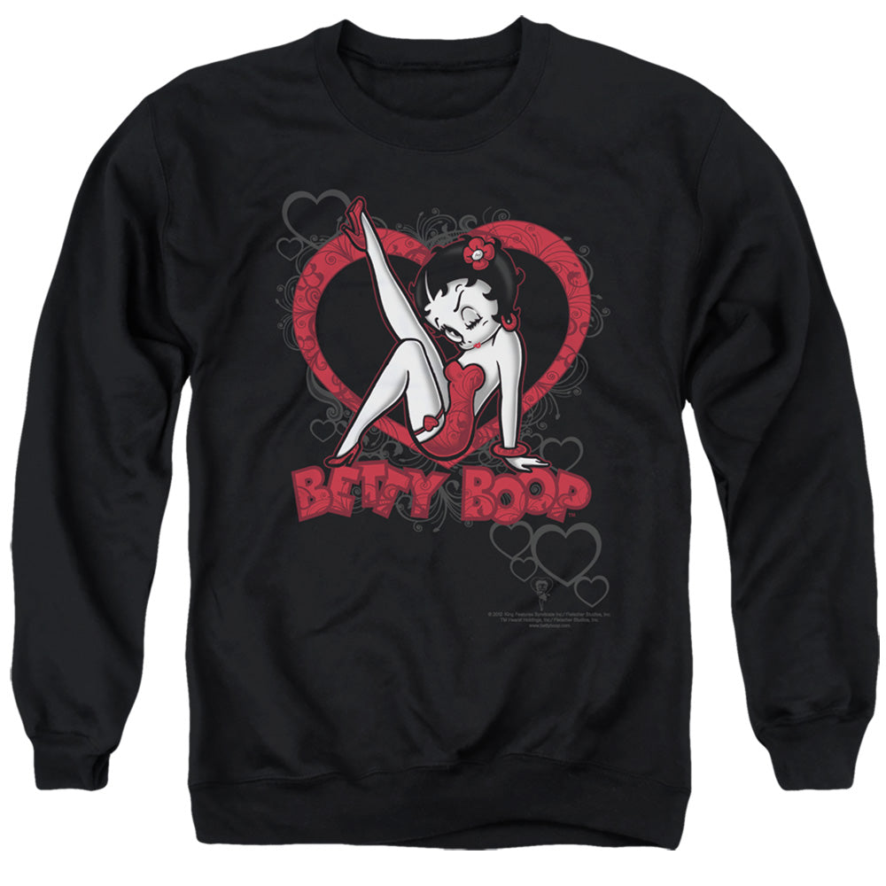 AN OFFCIALLY LICENSED BETTY BOOP SCROLLING HEARTS ADULT UNISEX CREWNECK SWEATSHIRT BLACK