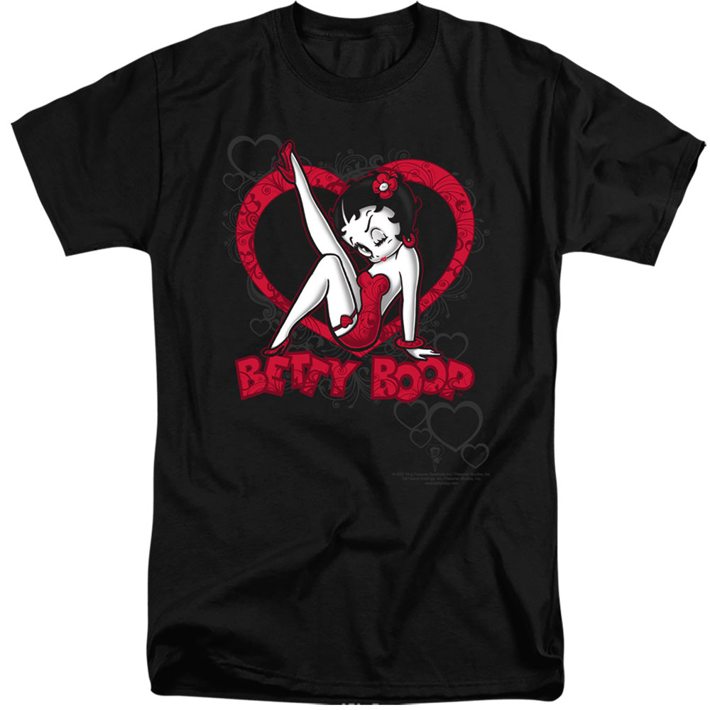 AN OFFCIALLY LICENSED BETTY BOOP SCROLLING HEARTS MEN'S TALL FIT T-SHIRT BLACK