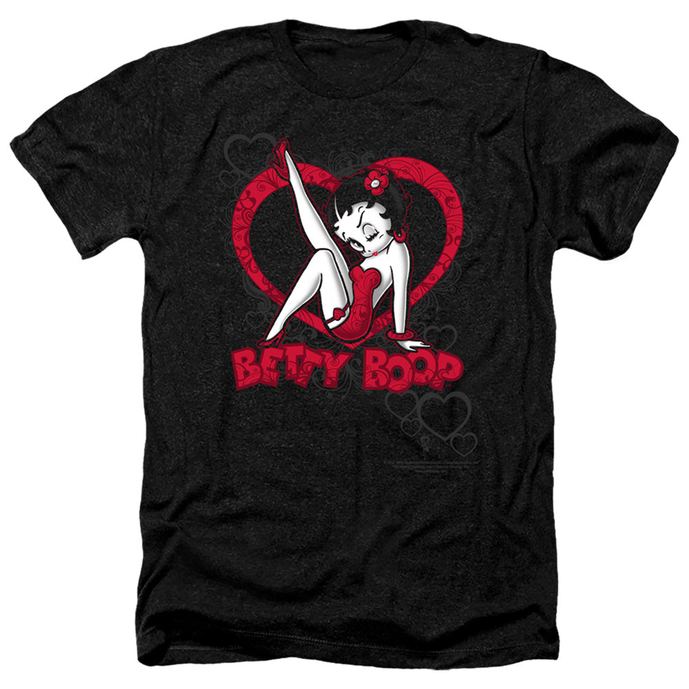 AN OFFCIALLY LICENSED BETTY BOOP SCROLLING HEARTS MEN'S HEATHER T-SHIRT CHARCOAL