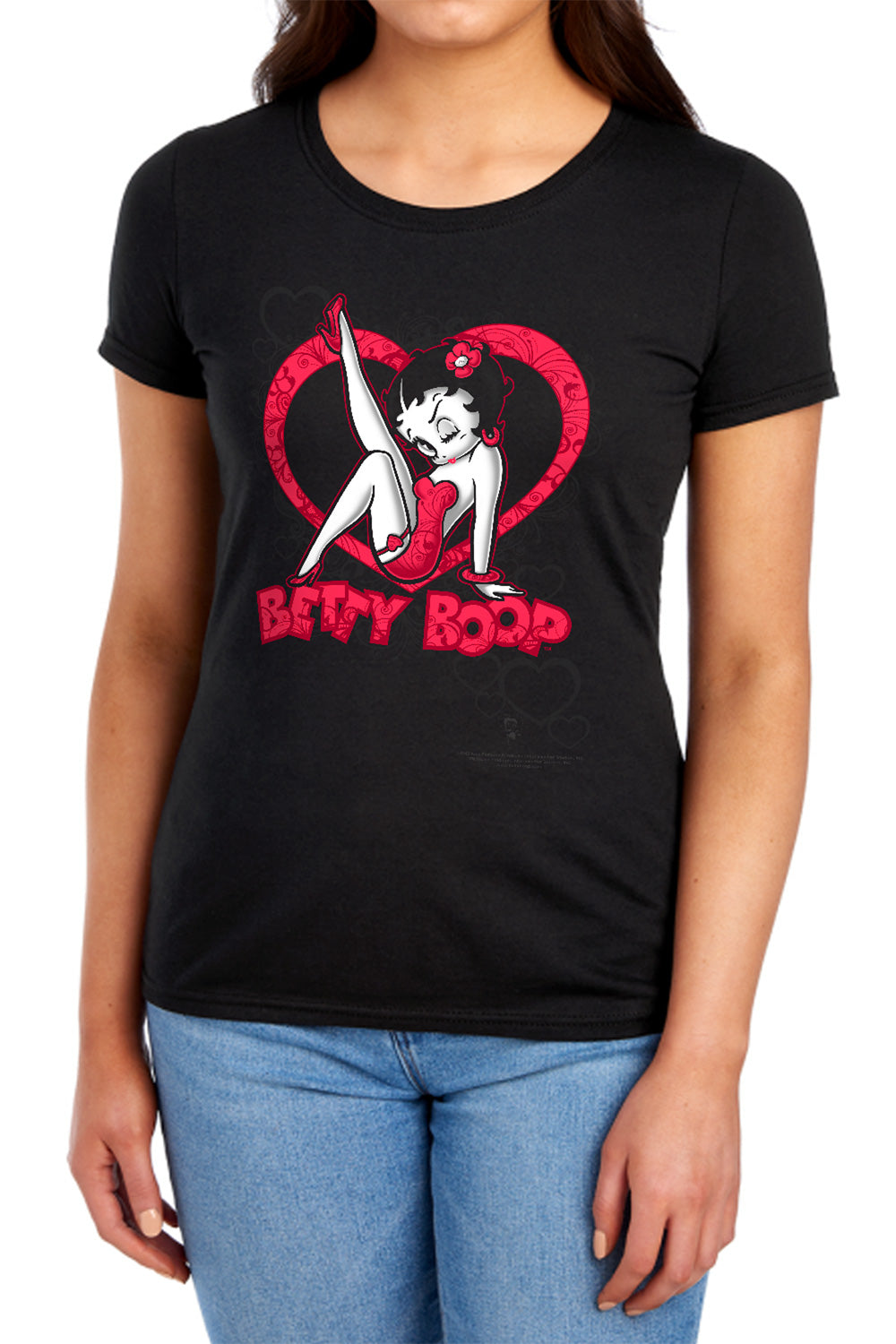 AN OFFCIALLY LICENSED BETTY BOOP SCROLLING HEARTS WOMEN'S REGULAR FIT T-SHIRT BLACK