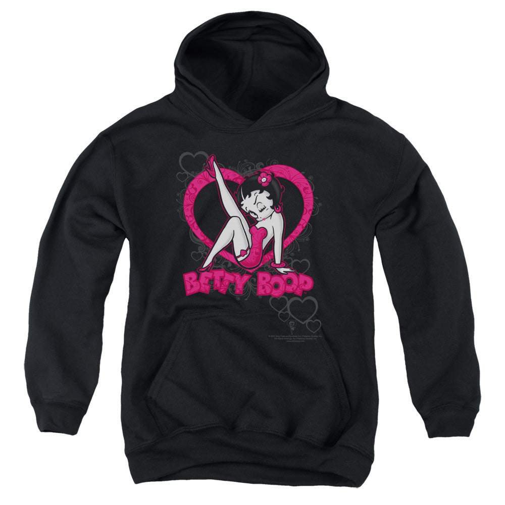 AN OFFCIALLY LICENSED BETTY BOOP SCROLLING HEARTS YOUTH HOODIE BLACK