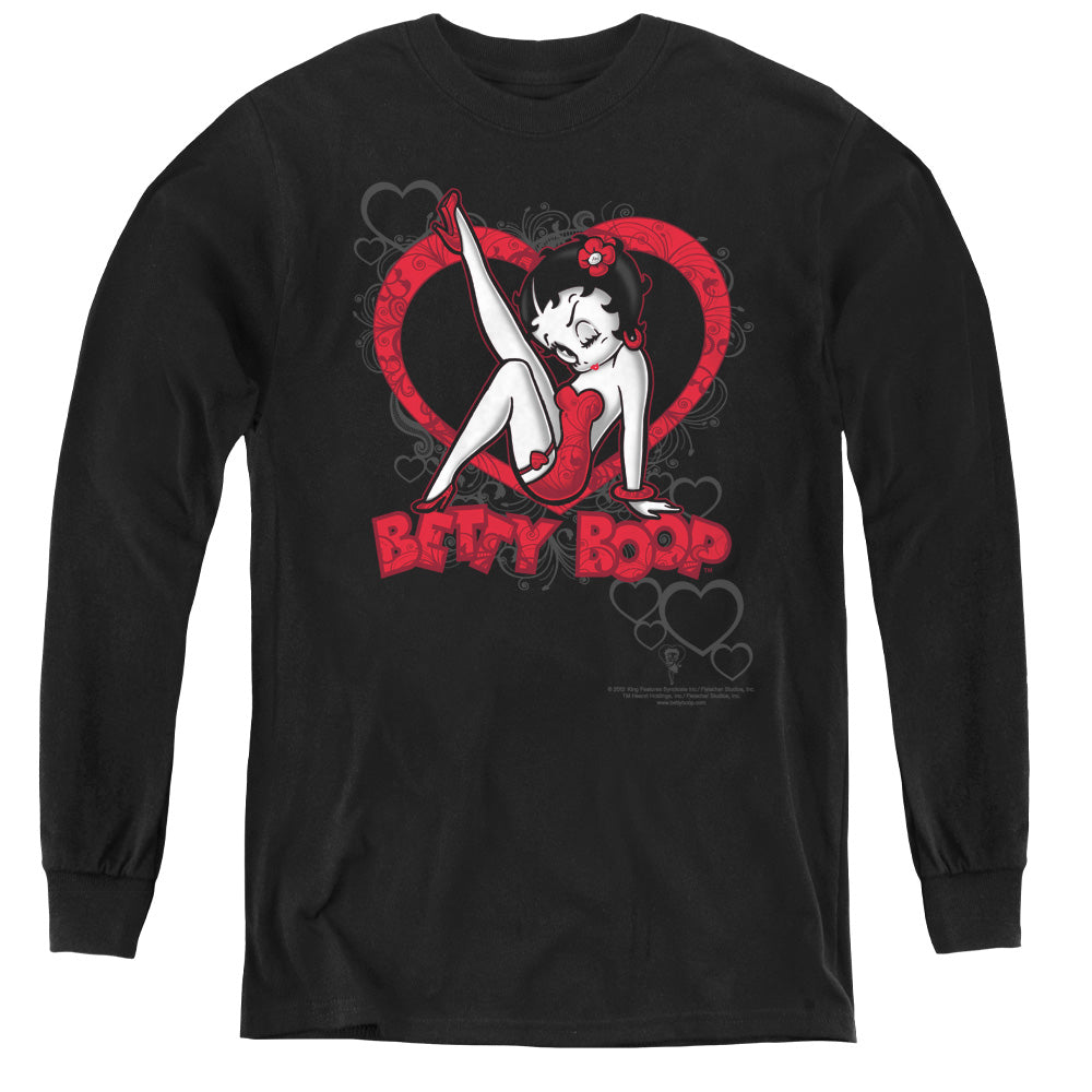 AN OFFCIALLY LICENSED BETTY BOOP SCROLLING HEARTS YOUTH LONG SLEEVE T-SHIRT BLACK